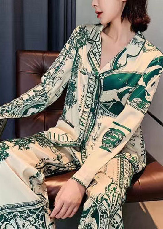 French Green Peter Pan Collar Print Ice Silk Two Pieces Set Pajamas Spring