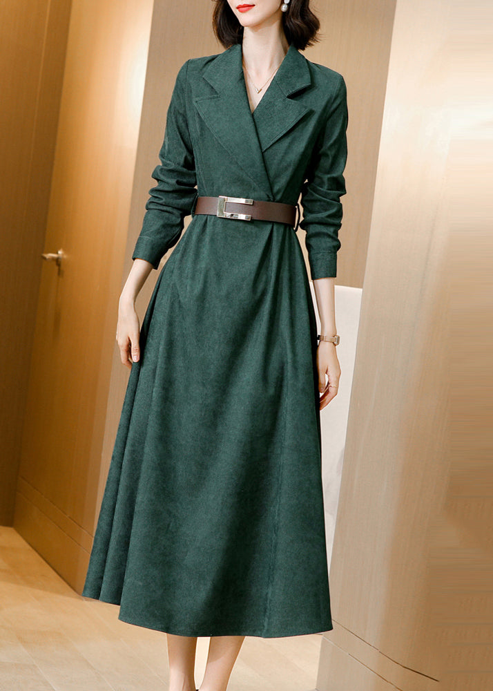 French Green Peter Pan Collar Tie Waist Patchwork Corduroy Long Dresses Fall