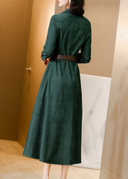 French Green Peter Pan Collar Tie Waist Patchwork Corduroy Long Dresses Fall