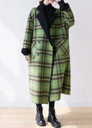 French Green Plaid Notched Wear On Both Sides Warm Fleece Faux Fur Trench Coats Long Sleeve