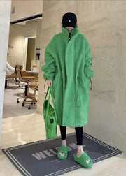 French Green Pockets Drawstring Patchwork Faux Fur Trench Winter