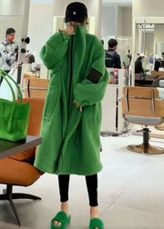 French Green Pockets Drawstring Patchwork Faux Fur Trench Winter