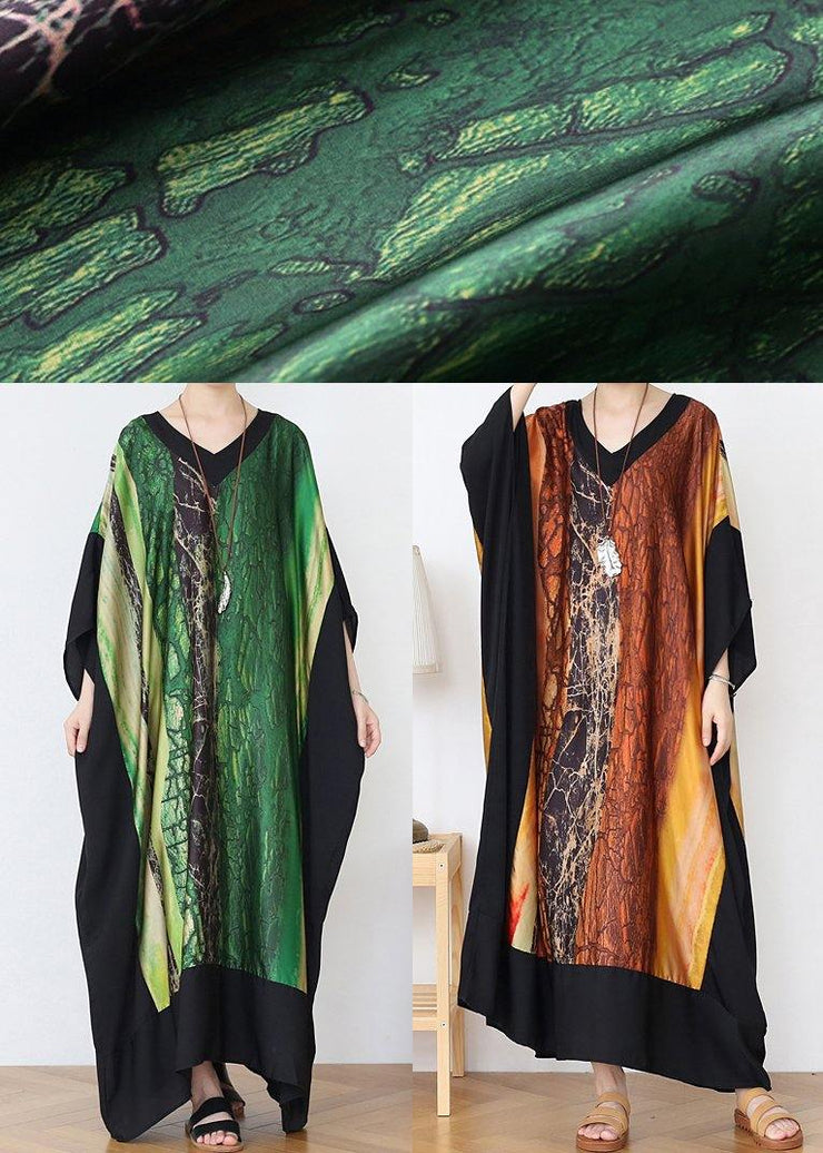 French Green Print Chiffon Patchwork Spring Dress - SooLinen