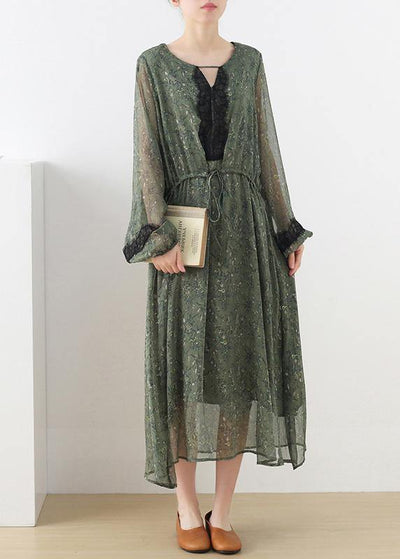 French Green Print Chiffon Patchwork Summer Vacation Dresses - SooLinen