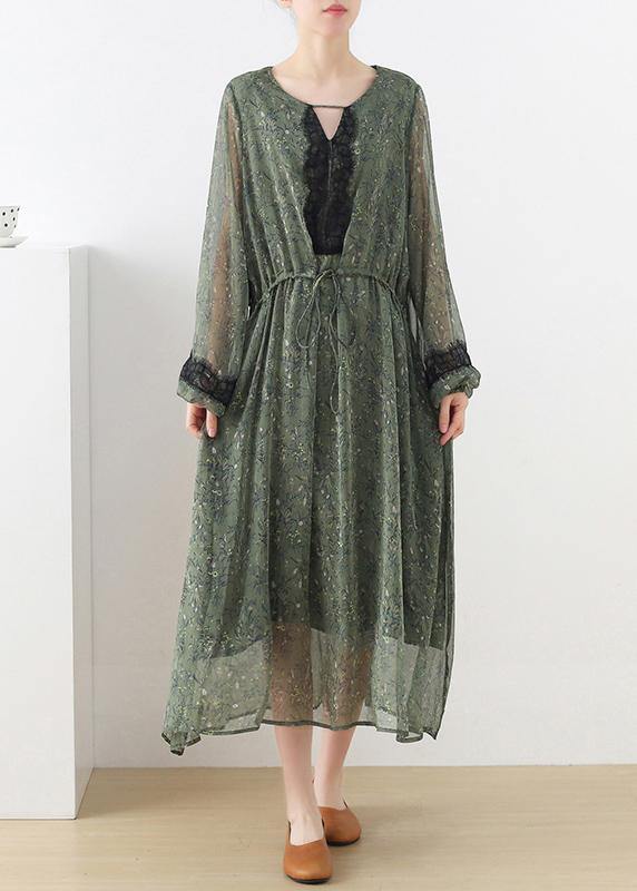 French Green Print Chiffon Patchwork Summer Vacation Dresses - SooLinen