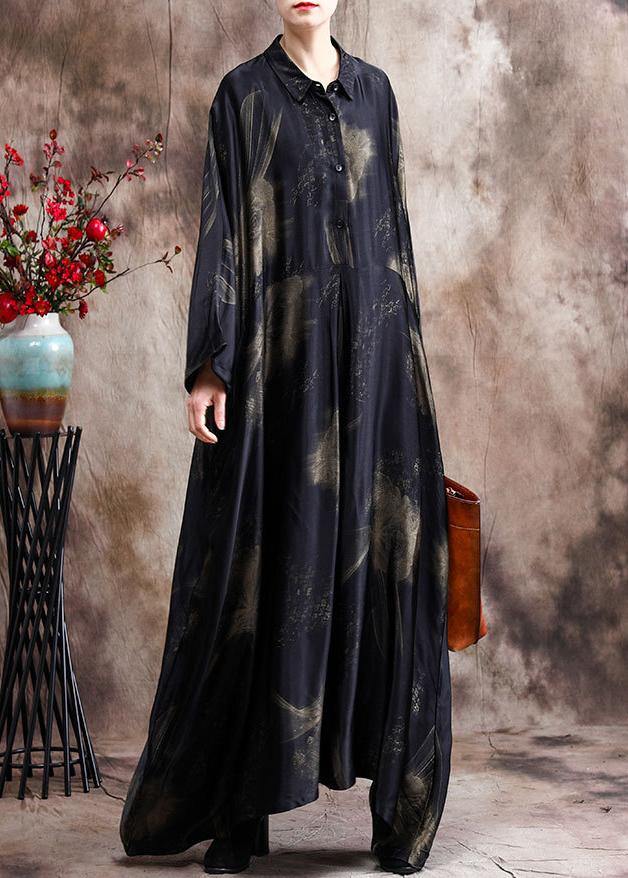 French Green Print Silk Dress Long Asymmetric Art Dress - SooLinen