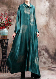 French Green Print Silk Dress Long Asymmetric Art Dress - SooLinen