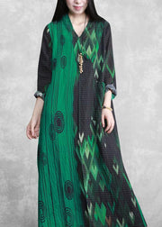 French Green Print Long Summer Dresses - SooLinen