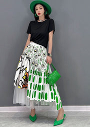 French Green Print Elastic Waist Tulle Patchwork Cotton Beach Skirts Summer