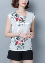 French Green Print O-Neck Silk Shirt Tops Short Sleeve