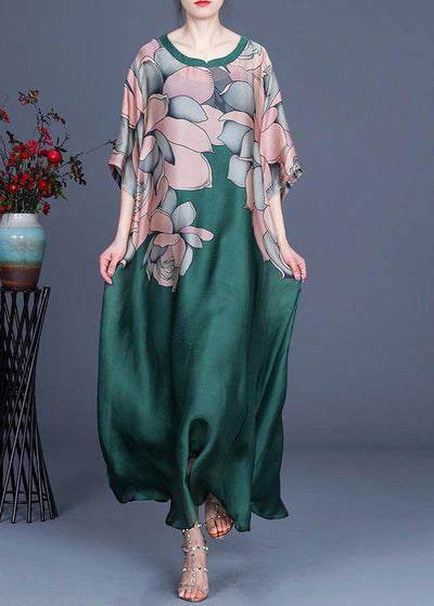 French Green Print Three Quarter sleeve Silk Summer Dress Two Pieces Set - SooLinen