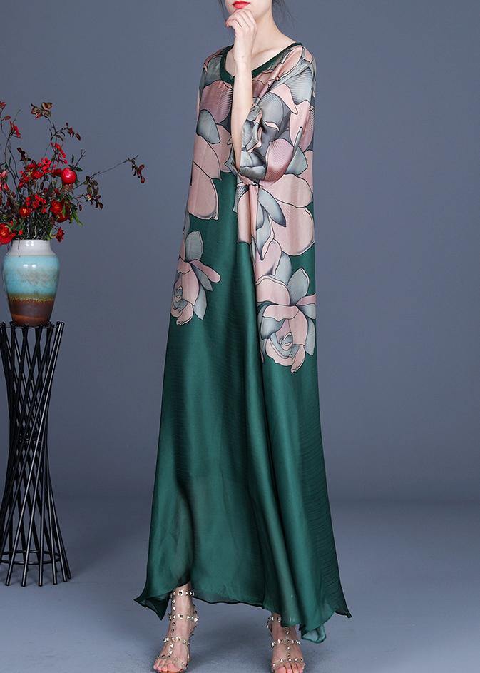 French Green Print Three Quarter sleeve Silk Summer Dress Two Pieces Set - SooLinen
