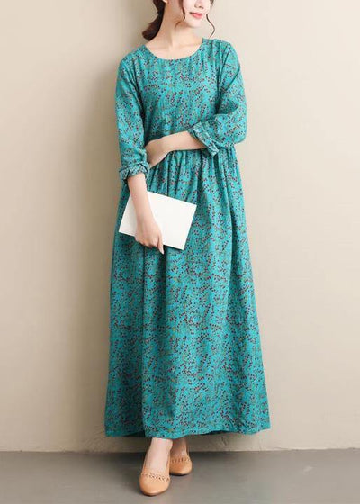 French Green Print Tunics O Neck Cinched Dresses  Dress - SooLinen