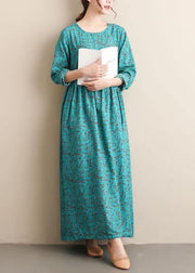 French Green Print Tunics O Neck Cinched Dresses  Dress - SooLinen