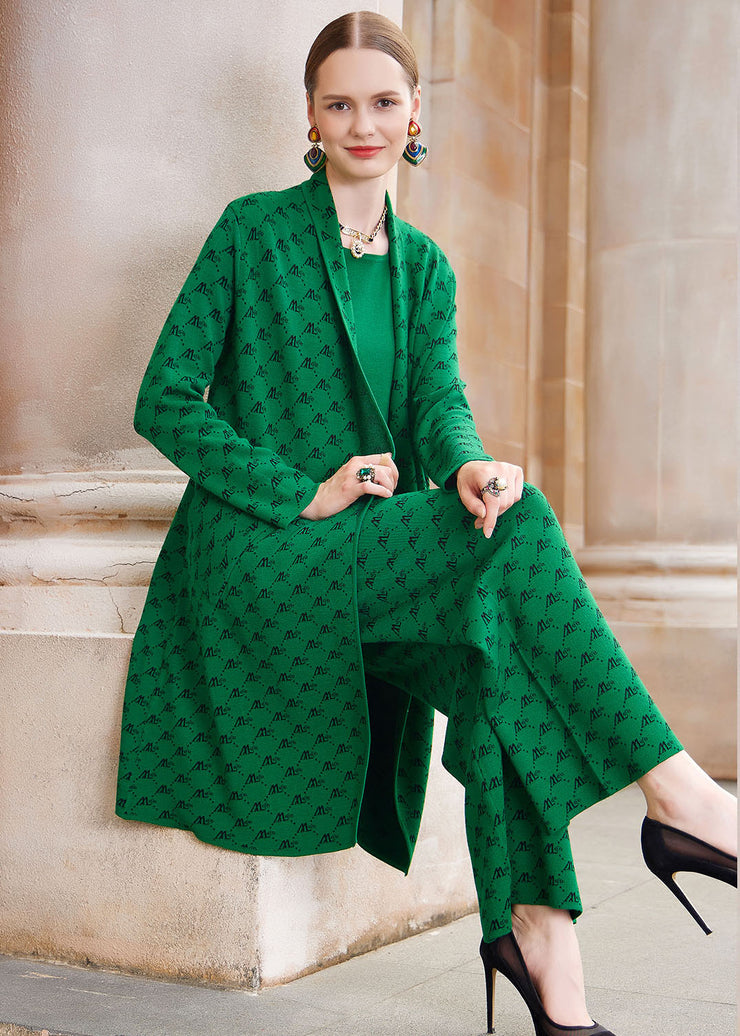 French Green Print Woolen Coats Vest And Straight Pants Three Piece Set Outfits Fall