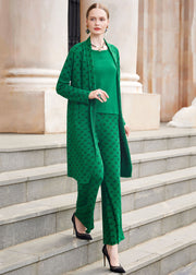 French Green Print Woolen Coats Vest And Straight Pants Three Piece Set Outfits Fall