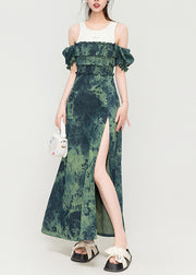 French Green Ruffled Side Open Patchwork Denim Slim Fit Dress Summer