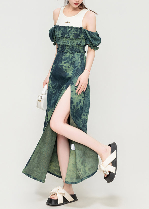 French Green Ruffled Side Open Patchwork Denim Slim Fit Dress Summer