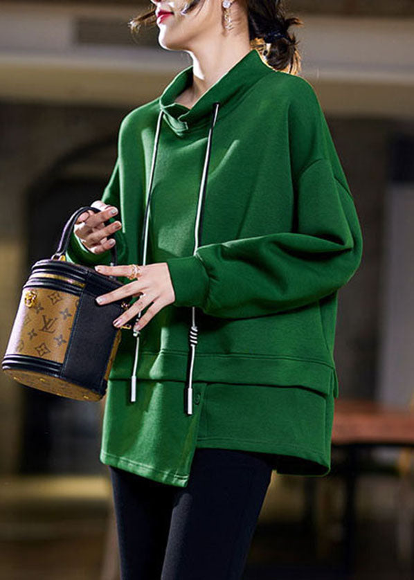 French Green Stand Collar Drawstring Patchwork Cotton Loose Sweatshirt Winter