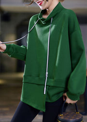 French Green Stand Collar Drawstring Patchwork Cotton Loose Sweatshirt Winter