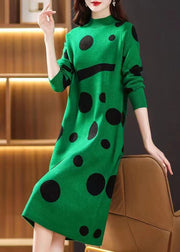 French Green Stand Collar Print Patchwork Woolen Dress Fall