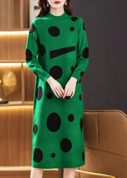 French Green Stand Collar Print Patchwork Woolen Dress Fall
