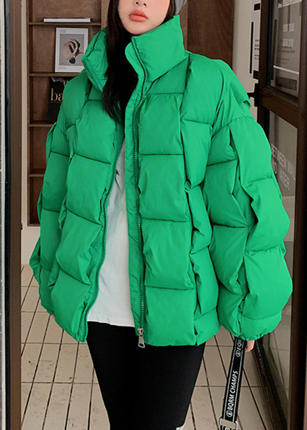 French Green Stand Collar Thick Fine Cotton Filled Puffer Jacket Winter
