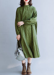 French Green Stand Collar Wrinkled Cotton Shirt Dresses Fall