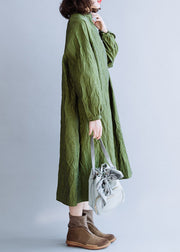 French Green Stand Collar Wrinkled Cotton Shirt Dresses Fall