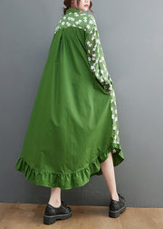 Französisches grünes Stehkragen-Hemdkleid mit Knopfdruck und langen Ärmeln