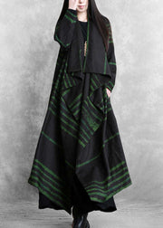 French Green Striped Asymmetrical Design Cotton Loose Cardigan Fall