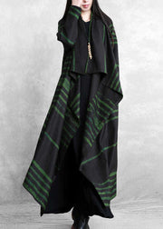 French Green Striped Asymmetrical Design Cotton Loose Cardigan Fall