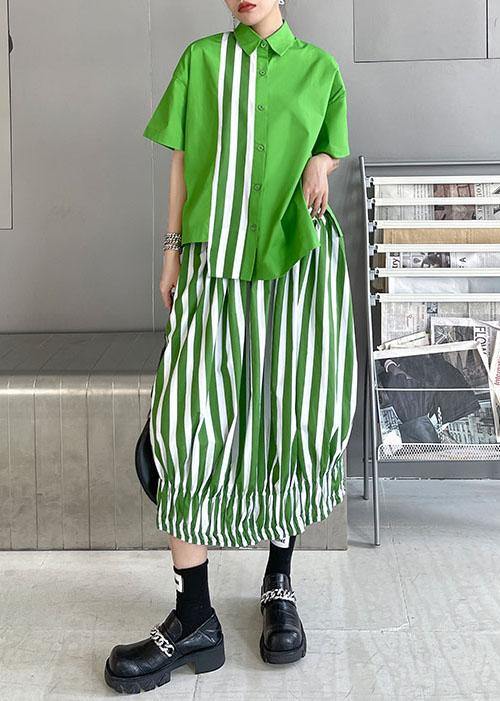 French Green Summer asymmetrical design Shirts Short Sleeve Two piece set - SooLinen