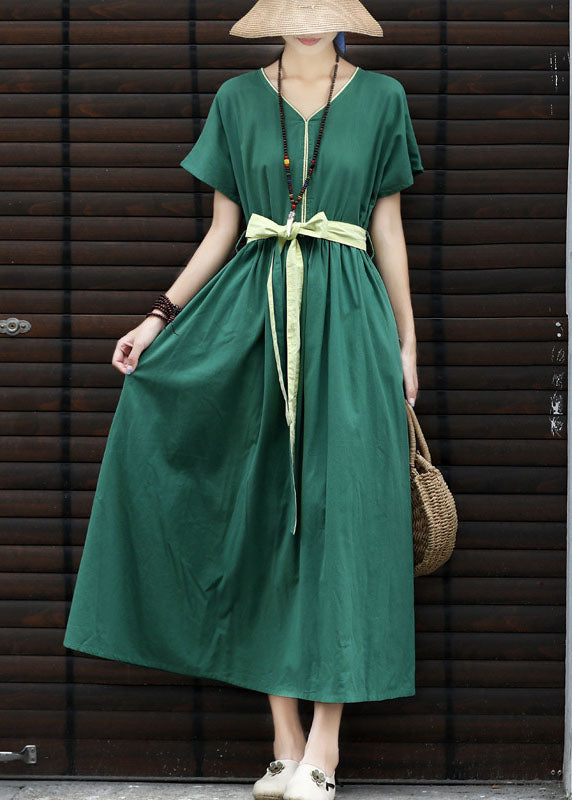 French Green Tie Waist Cinched Linen Holiday Dress Short Sleeve