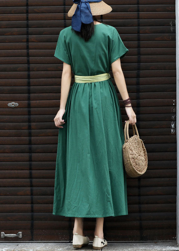 French Green Tie Waist Cinched Linen Holiday Dress Short Sleeve