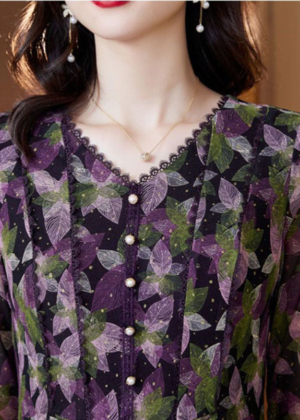 French Green V Neck Button Patchwork Print Chiffon Dresses Half Sleeve