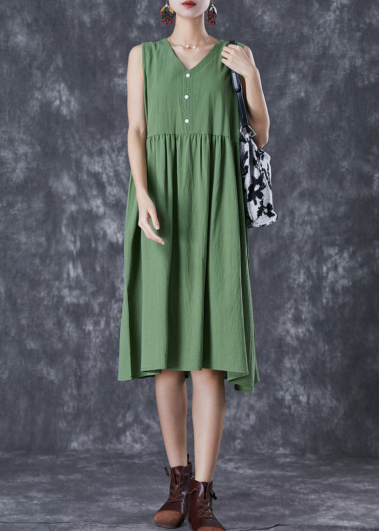 French Green V Neck Exra Large Hem Linen Dress Summer