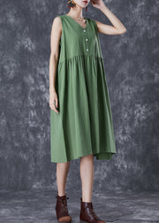 French Green V Neck Exra Large Hem Linen Dress Summer