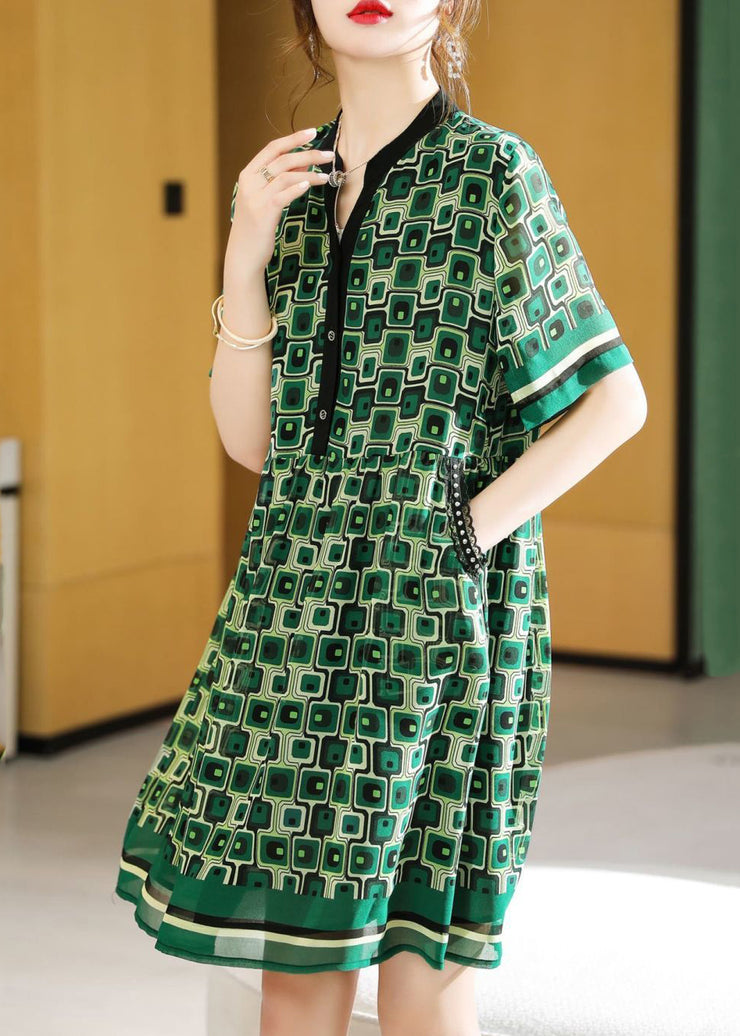 French Green V Neck Nail Bead Print Chiffon Mid Dress Summer