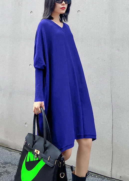 French Green V Neck Patchwork Casual Fall Knitwear Dress