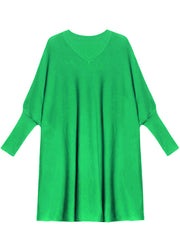 French Green V Neck Patchwork Casual Fall Knitwear Dress