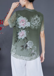 French Green V Neck Patchwork Print Chiffon Shirt Top Summer