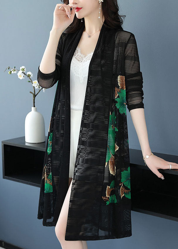 French Green V Neck Print Hollow Out Long Ice Size Knit Cardigan Long Sleeve