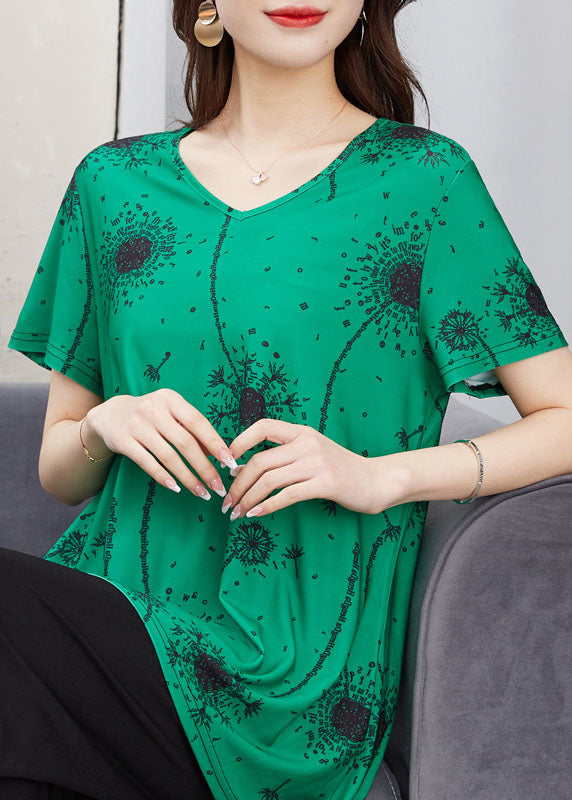 French Green V Neck Print Patchwork Cotton T Shirt Top Summer