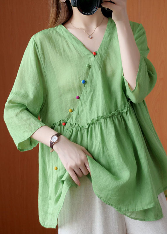 Französisches grünes V-Ausschnitt, gekräuseltes, asymmetrisches Design, Herbst-Hemd mit halben Ärmeln