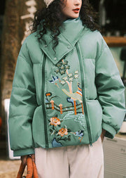 French Green Zippered Embroidered Fine Cotton Filled Parkas And Scarf Two Pieces Set Winter