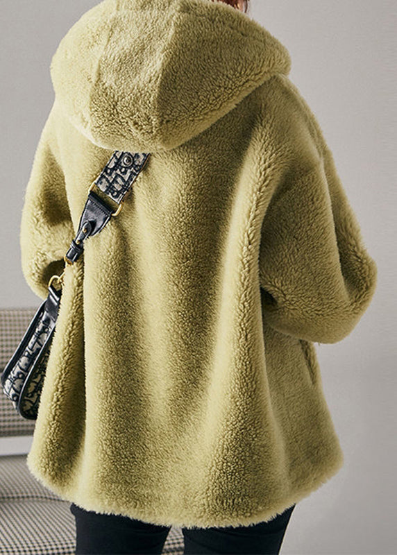 French Green Zippered Pockets Hooded Wool Coats Winter