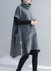 French Grey Asymmetrical Pockets Cotton Dresses Short Sleeve