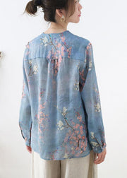 French Grey Blue Print Button Linen Shirt Top Long sleeve - SooLinen