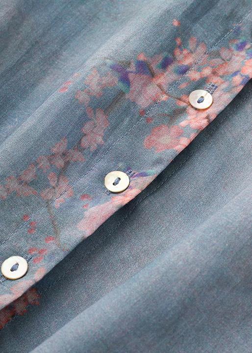 French Grey Blue Print Button Linen Shirt Top Long sleeve - SooLinen